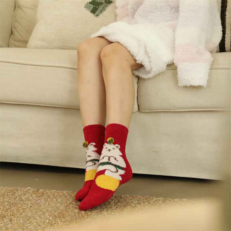 Sweetnana 3-Pack Women’s Cozy Crew Socks – Fuzzy Winter Tube Socks with Cute Cartoon Animals, Perfect for Lounge Wear and Warmth