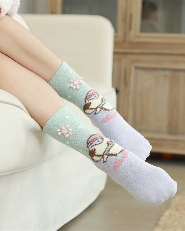Sweetnana 女士&兒童舒適圓頭襪 – 可愛卡通動物系列，加厚毛絨冬季長筒襪