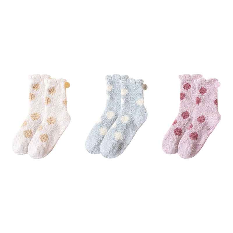 Sweetnana 3-Pack Polka Dot Series Cozy Crew Socks for Women, Thickened Non-Slip Slipper Socks, Ideal for Winter Warmth and Comfortable Lounge Wear