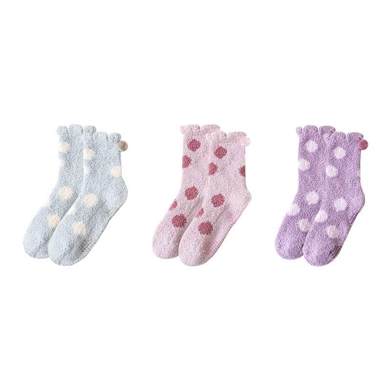 Sweetnana 3-Pack Polka Dot Series Cozy Crew Socks for Women, Thickened Non-Slip Slipper Socks, Ideal for Winter Warmth and Comfortable Lounge Wear