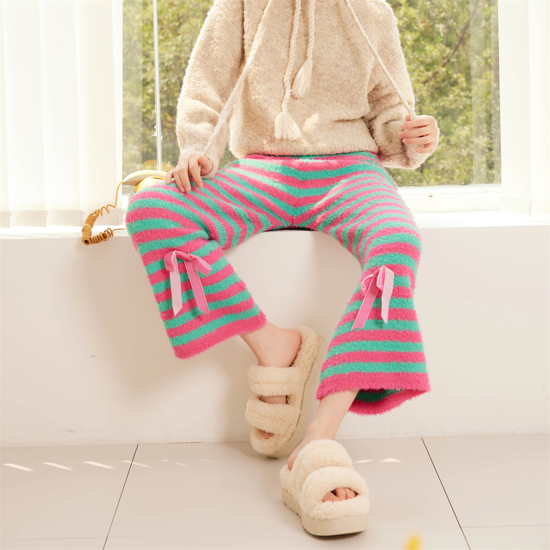 Sweetnana 2024 F/W 컬러풀한 줄무늬 리본 매듭 라운지 팬츠, 코랄 플리스 원단, 9부 바지, 컬러풀한 홈 팬츠, 외출복으로도 착용 가능.