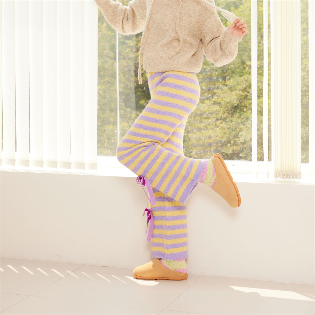 Sweetnana 2024 F/W 컬러풀한 줄무늬 리본 매듭 라운지 팬츠, 코랄 플리스 원단, 두껍고 따뜻함, 9부 바지, 컬러풀한 홈 팬츠 잠옷 바지, 외출복으로도 착용 가능.
