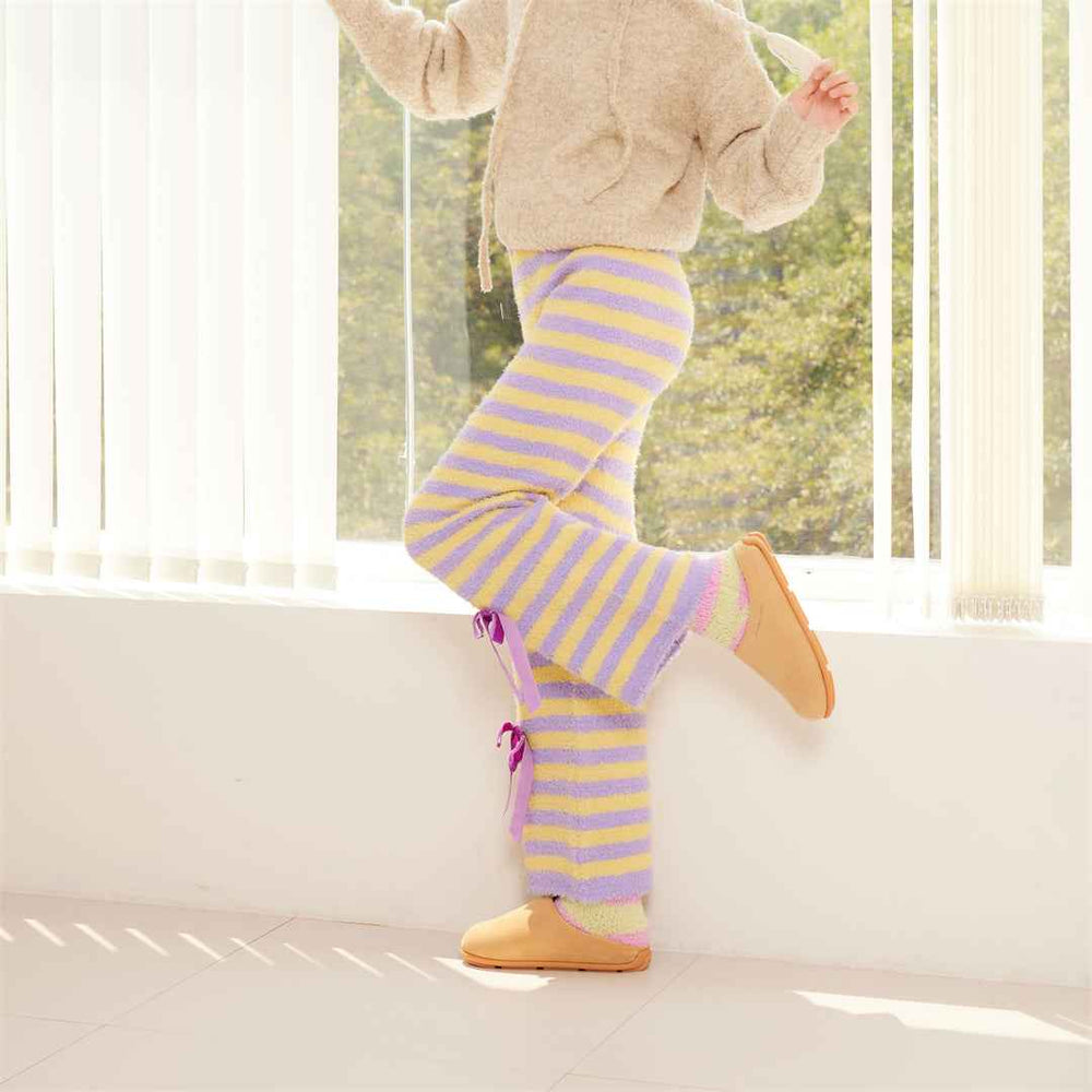 Sweetnana 2024 F/W Colorful striped bow-knot lounge pants, Coral fleece fabric, thickened and warm, Nine-point pants, Colorful home pants pajama pants, Also can be worn outside.