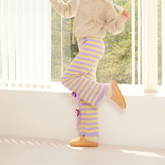 Sweetnana 2024 F/W 컬러풀한 줄무늬 리본 매듭 라운지 팬츠, 두꺼운, 9부 바지, 컬러풀한 홈 팬츠 파자마 바지.