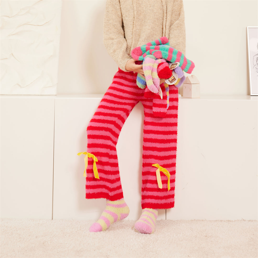 Sweetnana 2024 F/W 컬러풀한 줄무늬 리본 매듭 라운지 팬츠, 코랄 플리스 원단, 9부 바지, 컬러풀한 홈 팬츠, 외출복으로도 착용 가능.