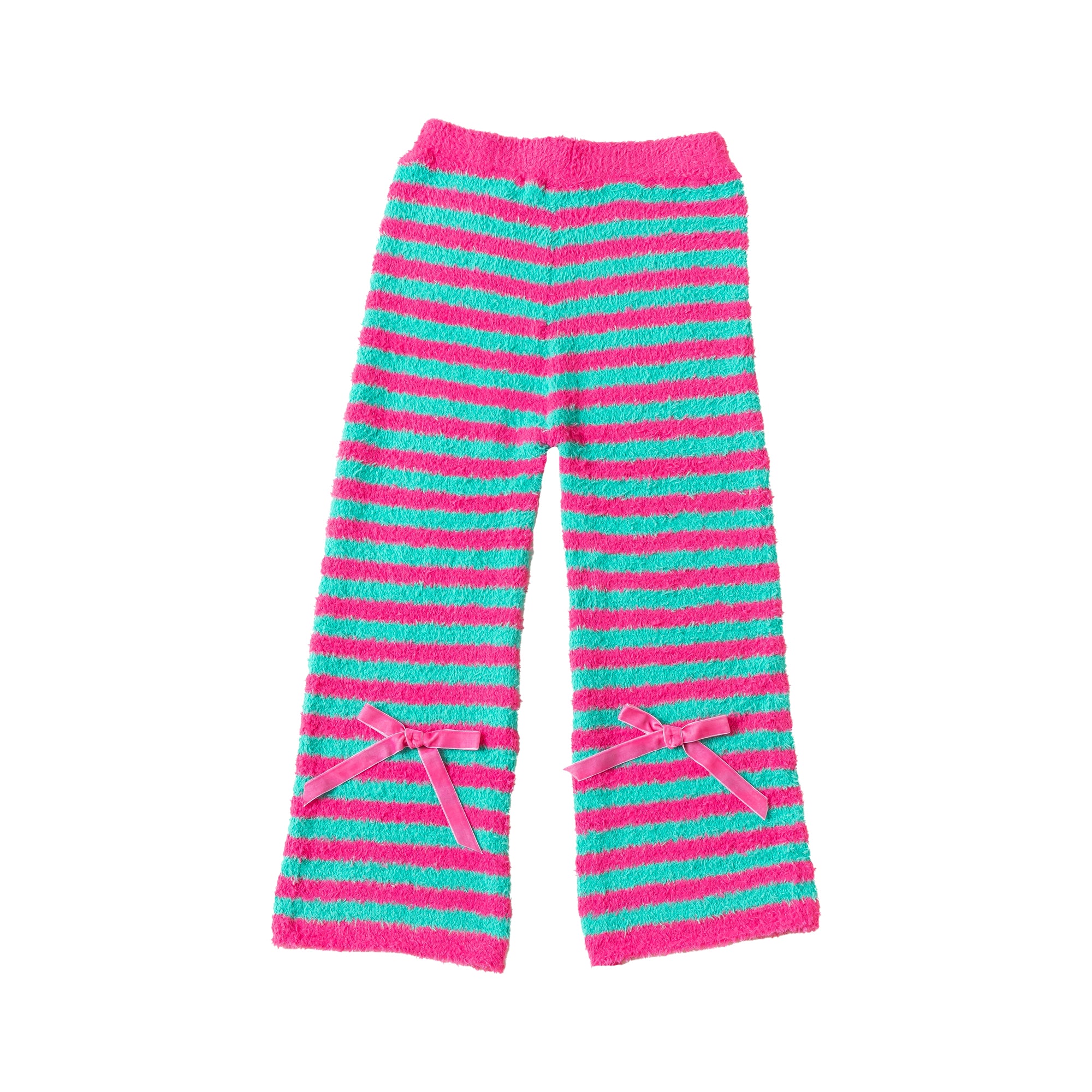 Sweetnana 2024 F/W 컬러풀한 줄무늬 리본 매듭 라운지 팬츠, 코랄 플리스 원단, 9부 바지, 컬러풀한 홈 팬츠, 외출복으로도 착용 가능.