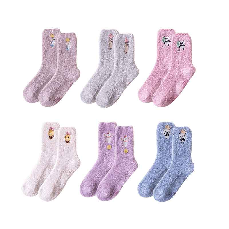 Sweetnana Cozy Crew Socks for Women - Colorful Cute Embroidered Fuzzy Socks - Super Soft & Thickened Non-Slip Lounge Wear & Winter Stockings