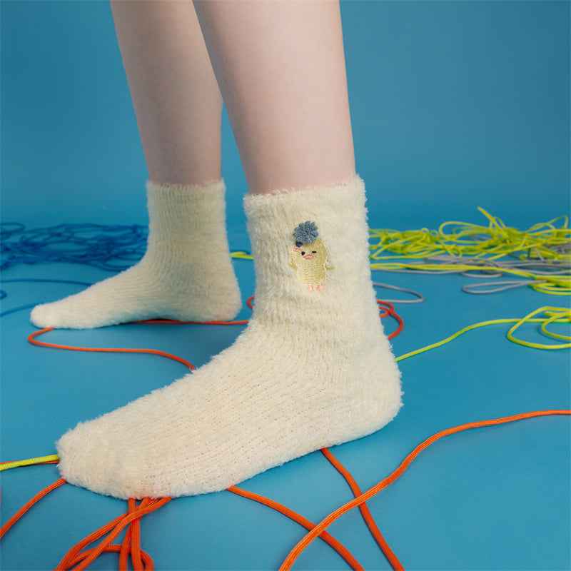 Sweetnana Cozy Crew Socks for Women: 3-Pack Cute Embroidered Fuzzy Socks, Thickened Non-slip and Warm, Lounge Wear & Winter Stockings