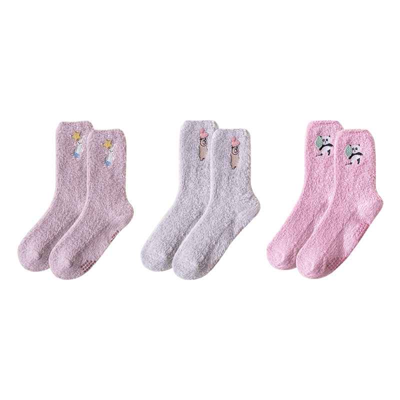 Sweetnana Cozy Crew Socks for Women: 3-Pack Cute Embroidered Fuzzy Socks, Thickened Non-slip and Warm, Lounge Wear & Winter Stockings