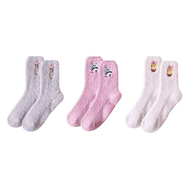 Sweetnana Cozy Crew Socks for Women: 3-Pack Cute Embroidered Fuzzy Socks, Thickened Non-slip and Warm, Lounge Wear & Winter Stockings