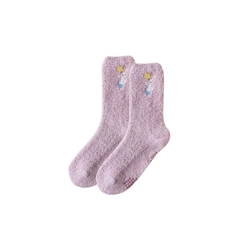 Sweetnana Cozy Crew Socks for Women - Colorful Cute Embroidered Fuzzy Socks - Super Soft & Thickened Non-Slip Lounge Wear & Winter Stockings