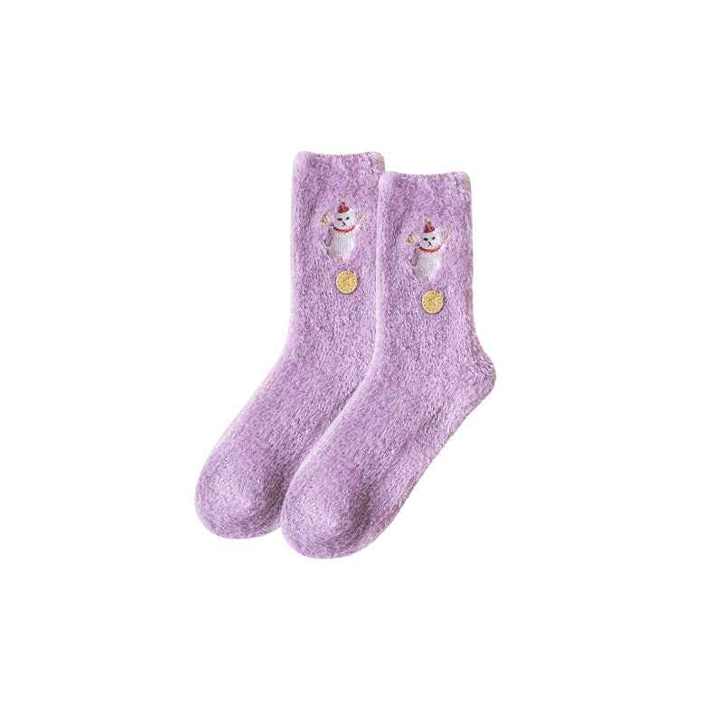 Sweetnana Cozy Crew Socks for Women - Colorful Cute Embroidered Fuzzy Socks - Super Soft & Thickened Non-Slip Lounge Wear & Winter Stockings