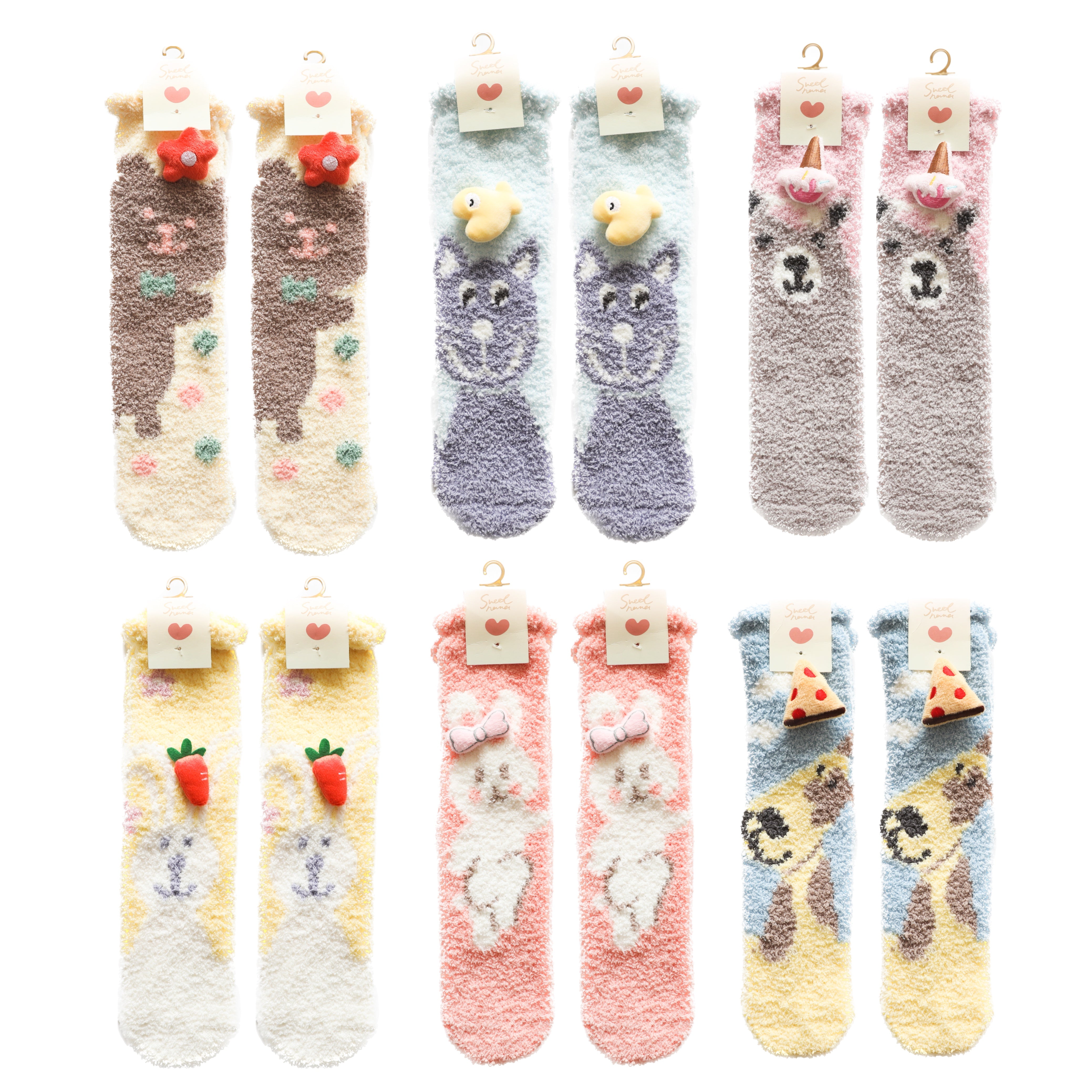 Sweetnana Cozy Tube Crew Socks for Women & Kids, かわいいカートゥーンジャカードふわふわソックス、厚手の滑り止めデザイン、冬のストッキングに最適