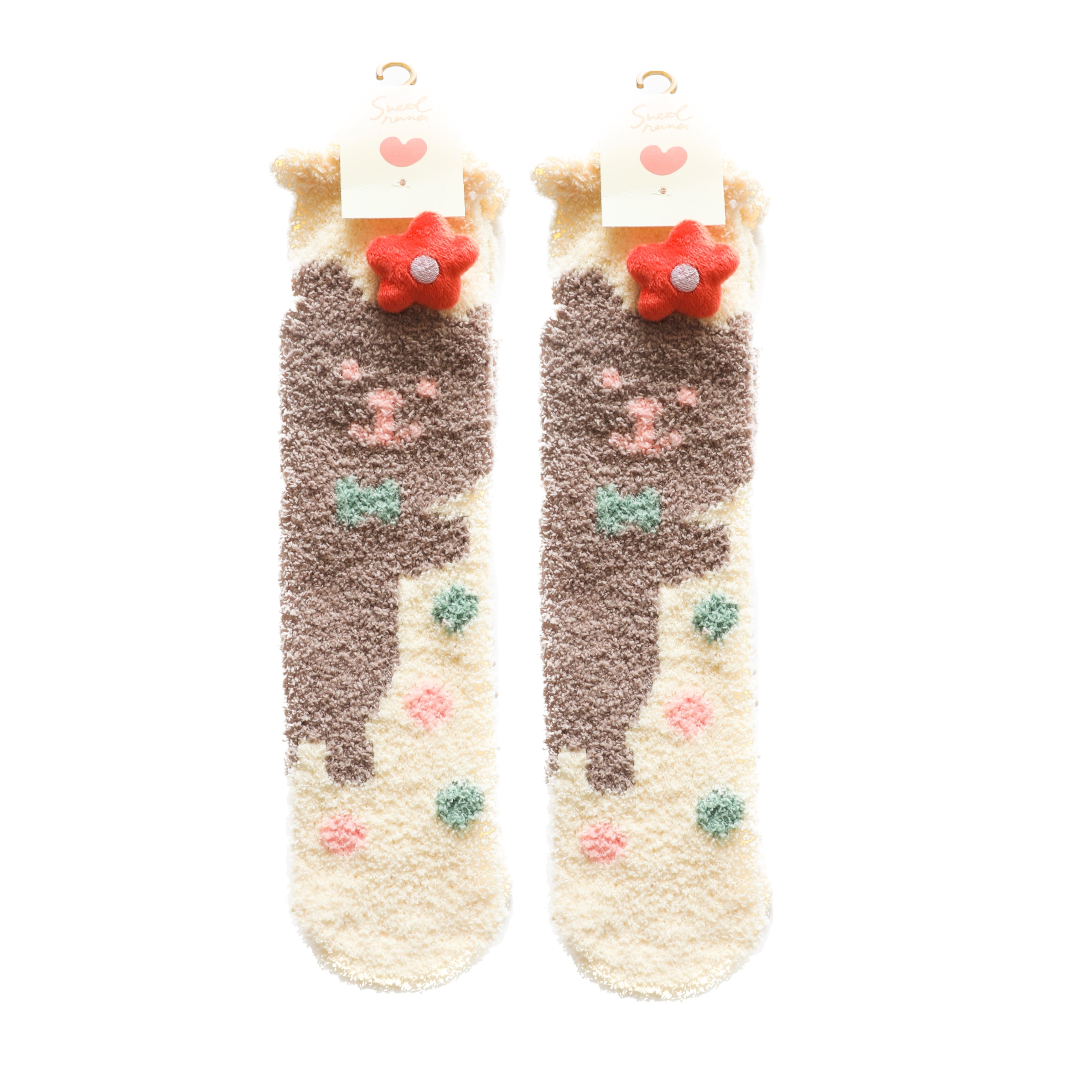 Sweetnana Cozy Tube Crew Socks for Women & Kids, かわいいカートゥーンジャカードふわふわソックス、厚手の滑り止めデザイン、冬のストッキングに最適