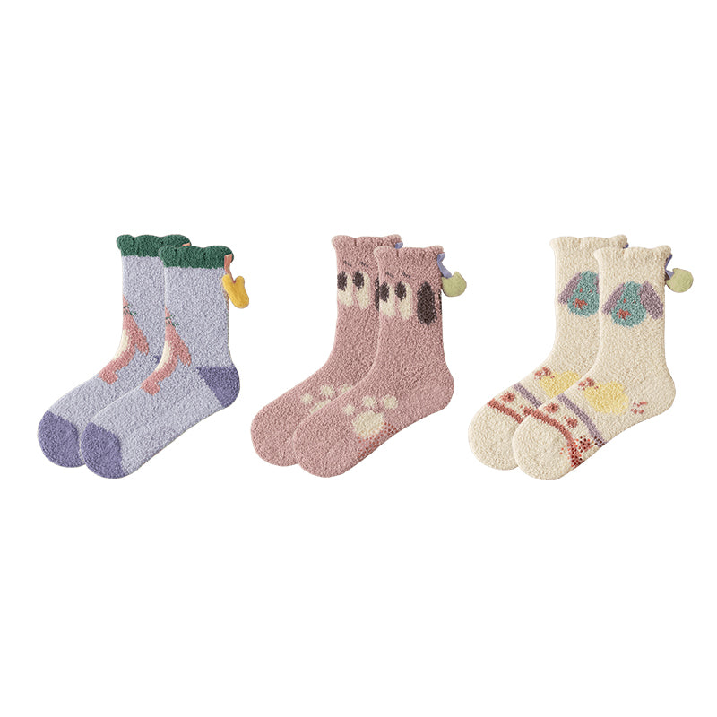 Sweetnana 3パック コージークルーソックス 女性用 - かわいい猫と犬シリーズ ふわふわソックス - カラフルなラウンジウェア、冬用＆スリッパストッキングに最適