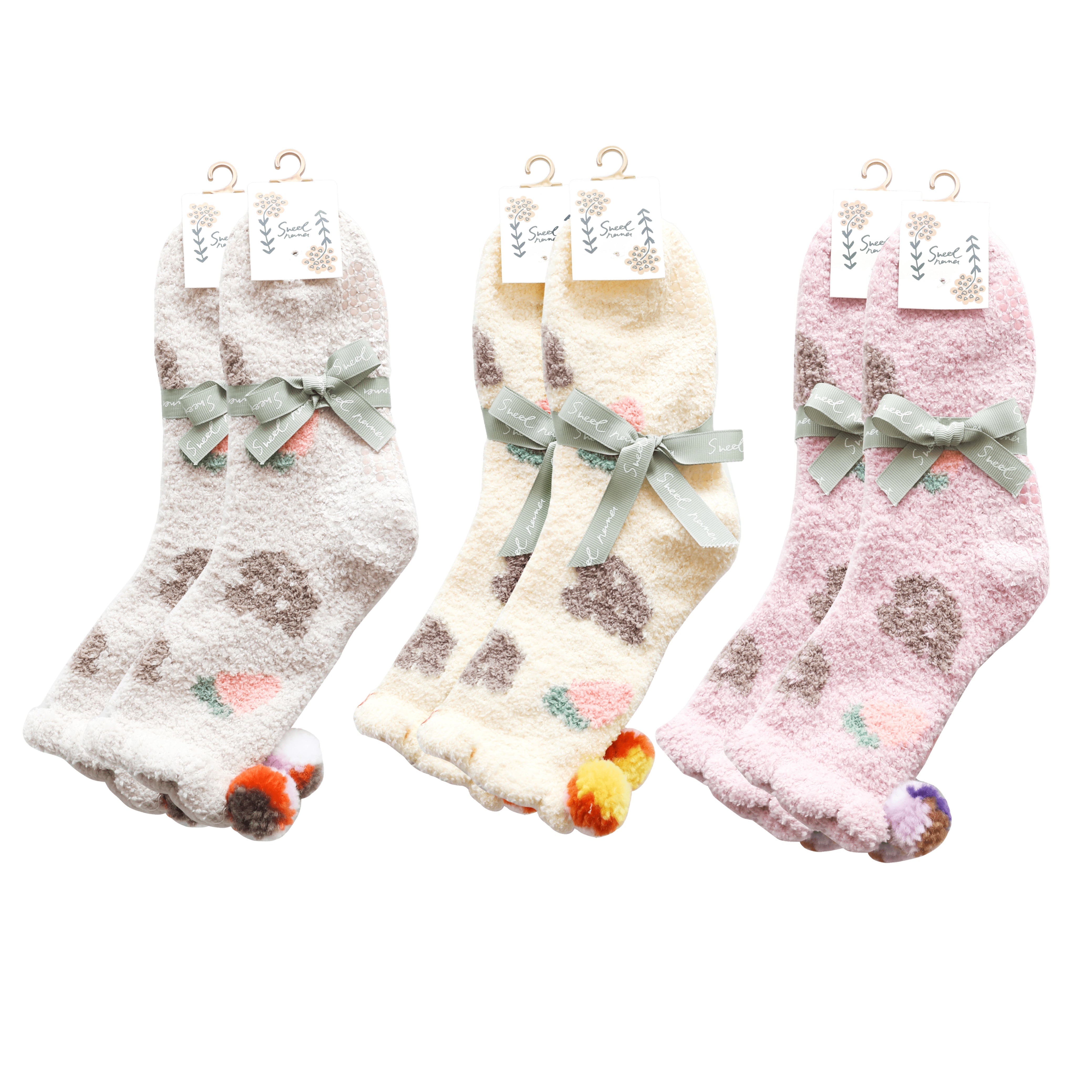 Sweetnana 3パック かわいい快適な女性用クルーソックス、超ソフトで厚手の滑り止めソックス、冬やラウンジウェアの快適さに最適