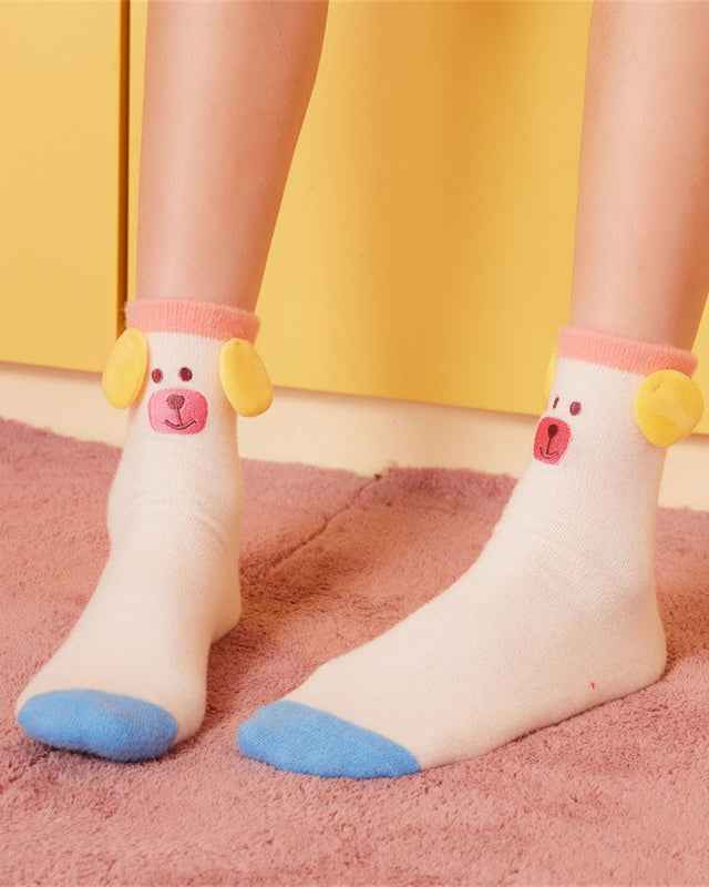 Sweetnana 3-Pack Cozy Crew Socks for Women & Kids - Funny Big Ears Series Cute Fuzzy Winter Stockings - Thickened Tube Socks for Lounge Wear