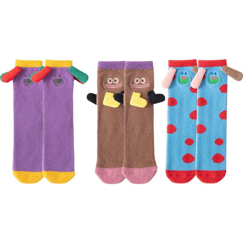 Sweetnana 3-Pack Cozy Crew Socks for Women & Kids - Funny Big Ears Series Cute Fuzzy Winter Stockings - Thickened Tube Socks for Lounge Wear