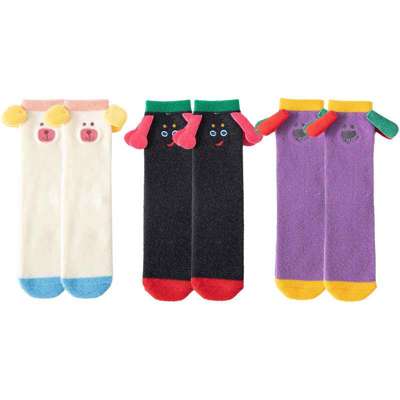 Sweetnana 3-Pack Cozy Crew Socks for Women & Kids - Funny Big Ears Series Cute Fuzzy Winter Stockings - Thickened Tube Socks for Lounge Wear