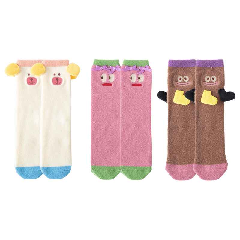 Sweetnana 3-Pack Cozy Crew Socks for Women & Kids - Funny Big Ears Series Cute Fuzzy Winter Stockings - Thickened Tube Socks for Lounge Wear