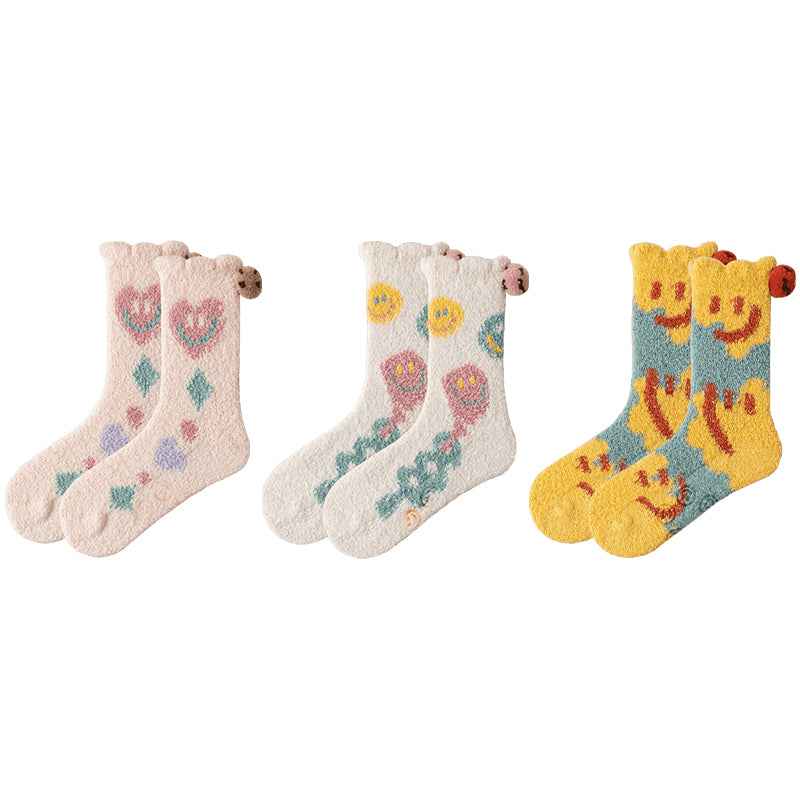 Sweetnana 3-Pack Women’s Cozy Crew Socks – Super Soft Non-Slip Slipper Socks with Smiley Face Designs, Thickened and Fuzzy for Winter