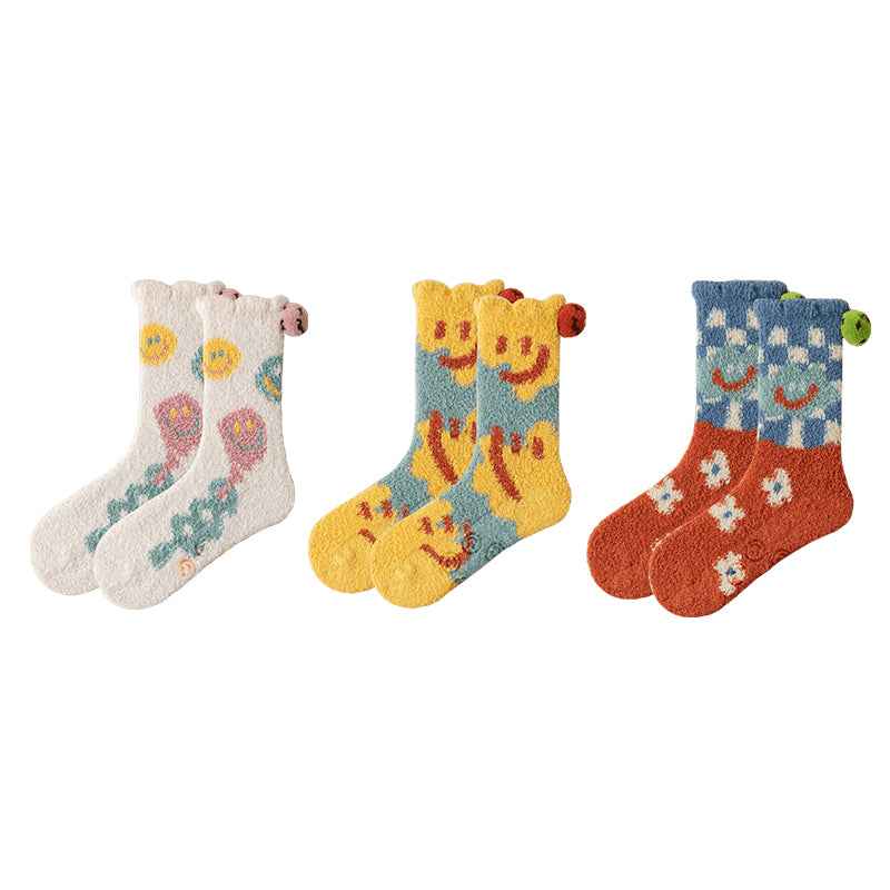 Sweetnana 3-Pack Women’s Cozy Crew Socks – Super Soft Non-Slip Slipper Socks with Smiley Face Designs, Thickened and Fuzzy for Winter