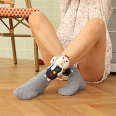 Sweetnana– 3 Pairs Set "Handmade Colorful Dolls" Series Cozy Crew Socks, Fuzzy Winter Stockings, Super Soft, Thickened, Non-Slip, Cute Lounge Wear for Women