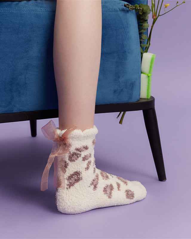 Sweetnana Cozy Crew Socks for Women, Thickened Fuzzy Winter Stockings, Super Soft Non-Slip Lounge Wear Socks, Cute Lace Leopard Print, 3-Pack