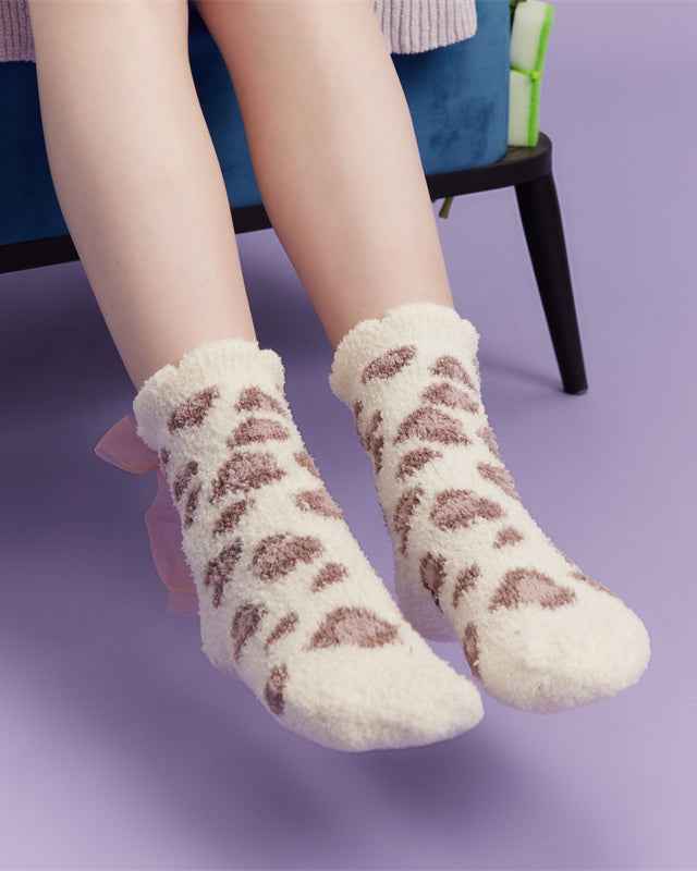 Sweetnana Women’s Cozy Crew Socks, Fuzzy Thickened Winter Stockings, Cute Non-Slip Slipper Socks, Super Soft, Lace Leopard Print Series.