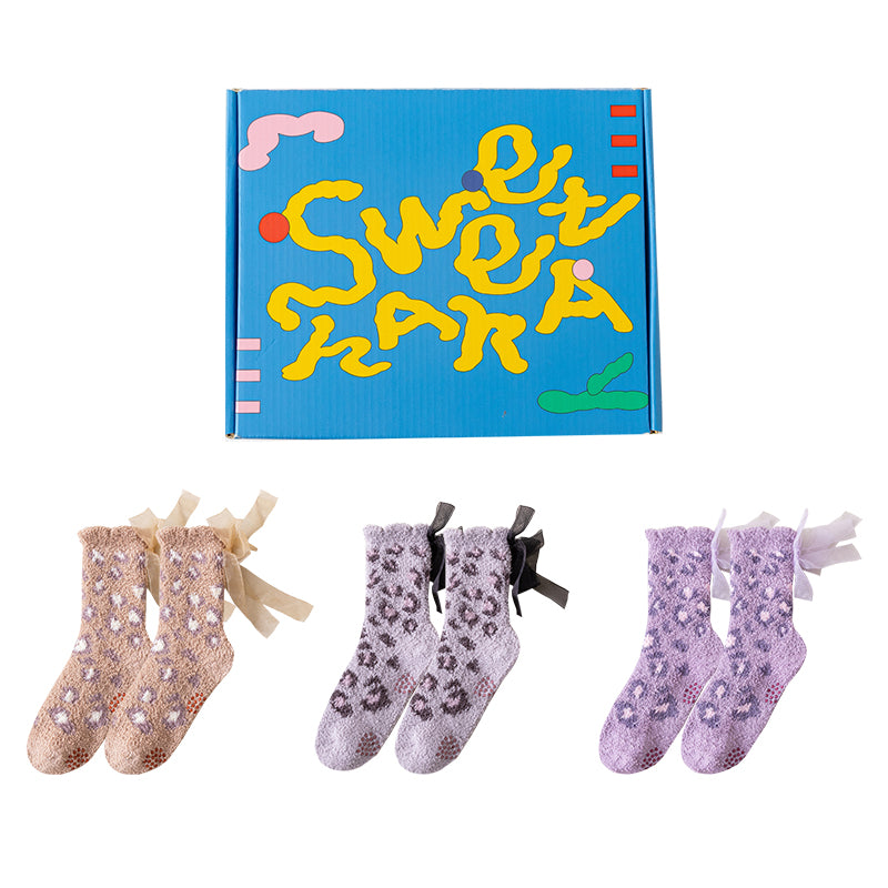 禮品盒套裝 Sweetnana "蕾絲豹紋" 系列舒適女用襪，超柔軟防滑休閒服及冬季長襪，加厚，保暖毛絨襪