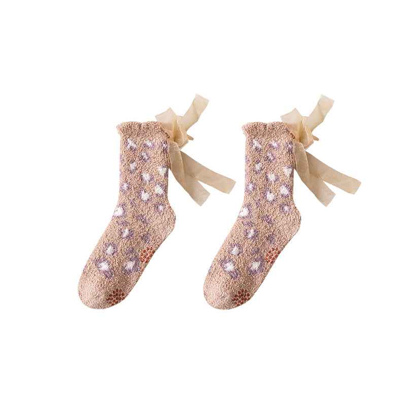 Sweetnana Women’s Cozy Crew Socks, Fuzzy Thickened Winter Stockings, Cute Non-Slip Slipper Socks, Super Soft, Lace Leopard Print Series.