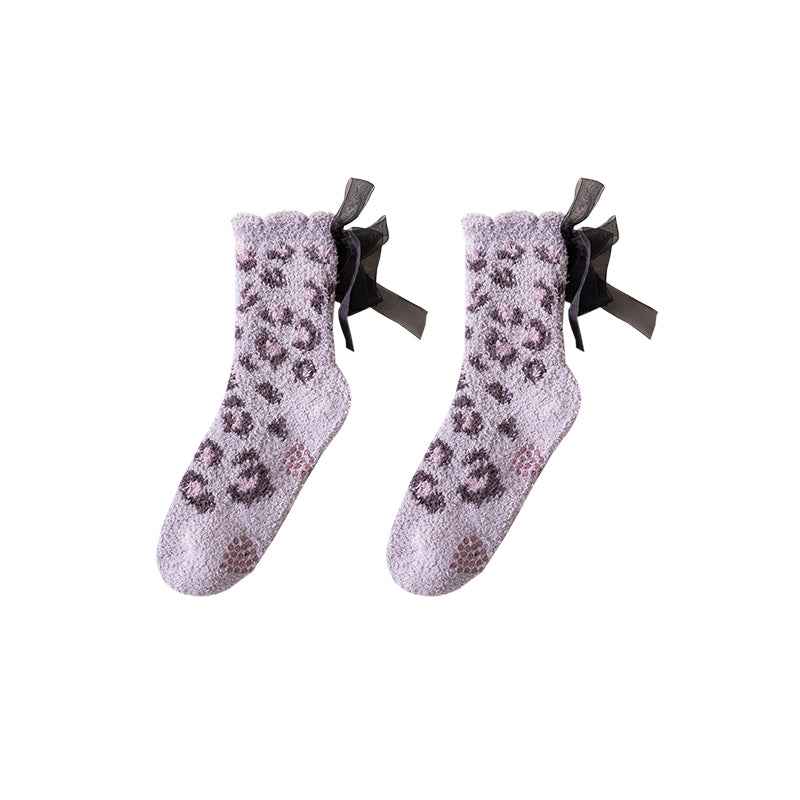 Sweetnana Women’s Cozy Crew Socks, Fuzzy Thickened Winter Stockings, Cute Non-Slip Slipper Socks, Super Soft, Lace Leopard Print Series.