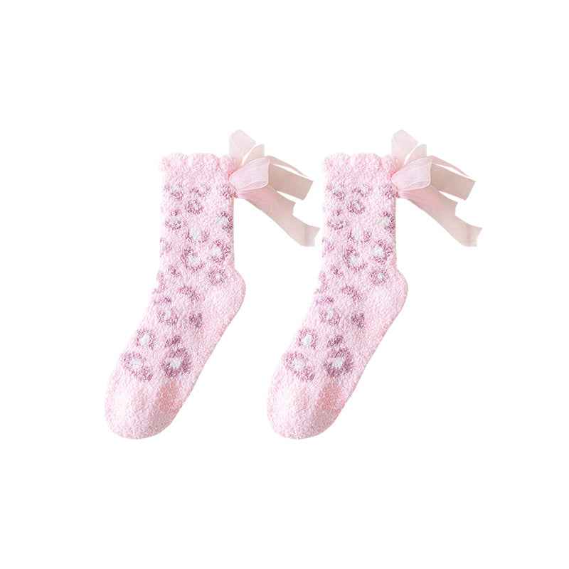 Sweetnana Women’s Cozy Crew Socks, Fuzzy Thickened Winter Stockings, Cute Non-Slip Slipper Socks, Super Soft, Lace Leopard Print Series.