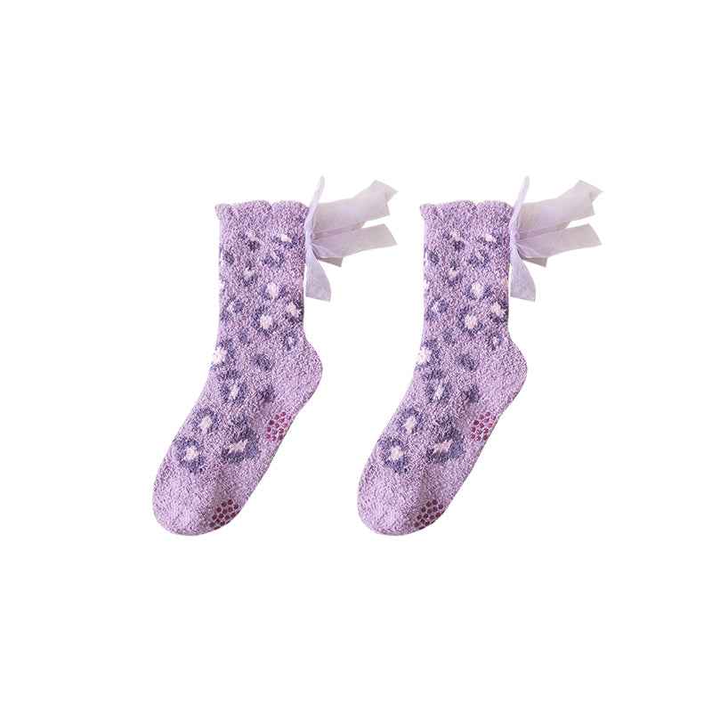 Sweetnana Women’s Cozy Crew Socks, Fuzzy Thickened Winter Stockings, Cute Non-Slip Slipper Socks, Super Soft, Lace Leopard Print Series.