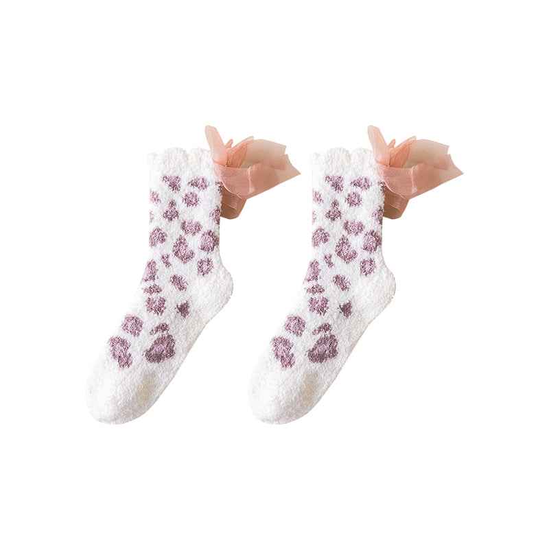 Sweetnana Women’s Cozy Crew Socks, Fuzzy Thickened Winter Stockings, Cute Non-Slip Slipper Socks, Super Soft, Lace Leopard Print Series.
