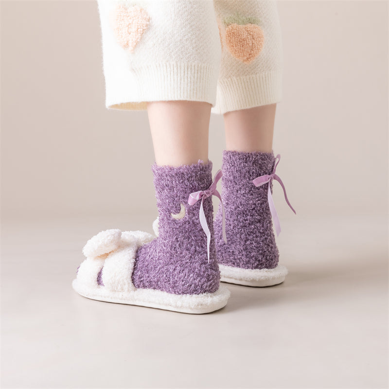 Sweetnana レディース コージー クルー ソックス 3パック – 冬用のふわふわ厚手ソックス、ラウンジウェア、かわいいリボンアクセント