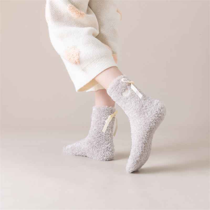 Sweetnana Women’s Cozy Crew Socks 3-Pack – Fuzzy Thickened Socks for Winter, Lounge Wear, and Cute Bow Accents
