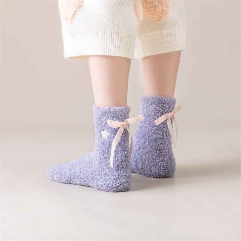 Sweetnana Women’s Cozy Crew Socks 3-Pack – Fuzzy Thickened Socks for Winter, Lounge Wear, and Cute Bow Accents