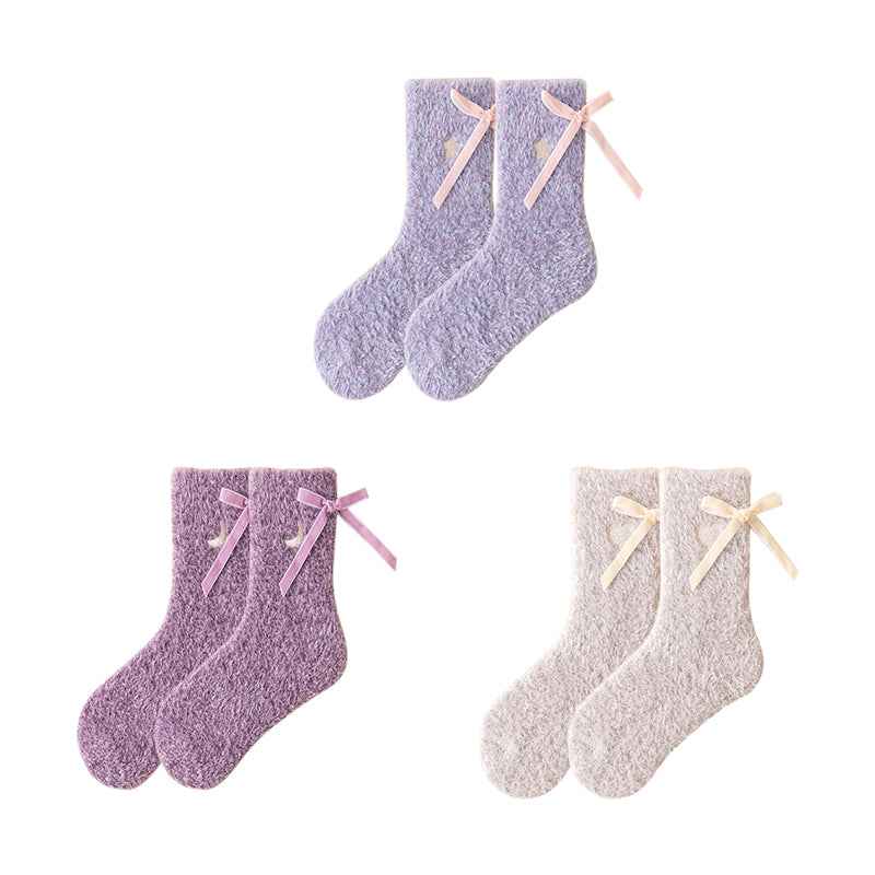 Sweetnana Women’s Cozy Crew Socks 3-Pack – Fuzzy Thickened Socks for Winter, Lounge Wear, and Cute Bow Accents