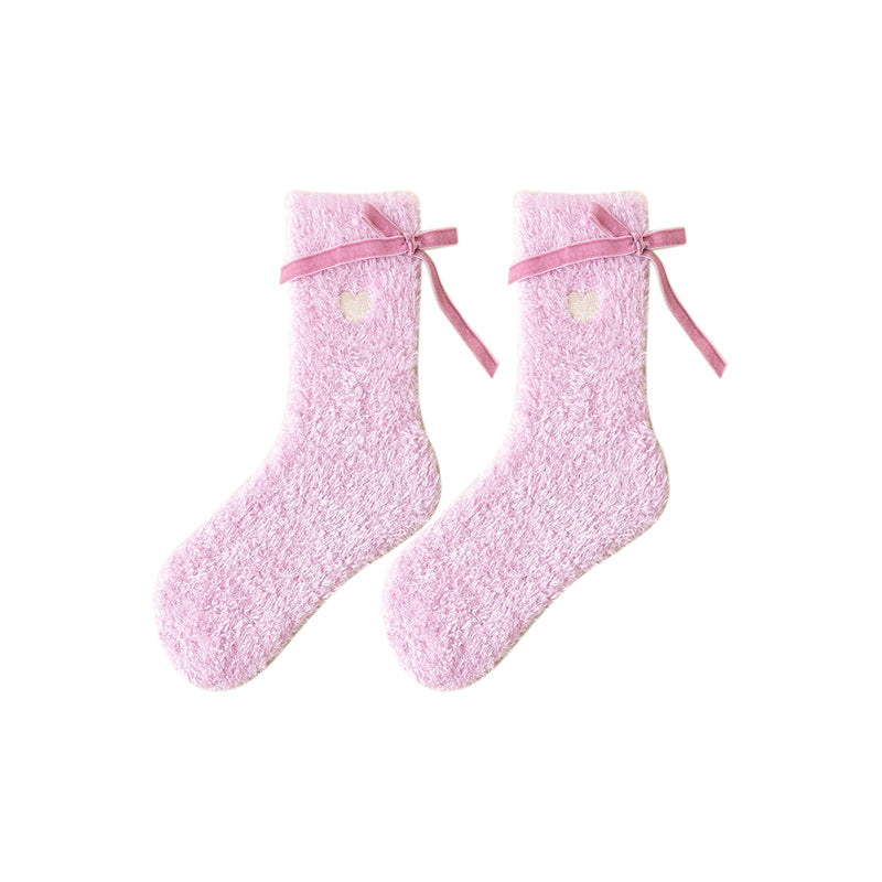 Sweetnana コージークルーソックス for Women – 暖かくふわふわの冬用ストッキング、かわいいリボンのディテールが特徴で、ラウンジウェアに最適