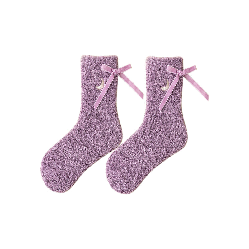 Sweetnana コージークルーソックス for Women – 暖かくふわふわの冬用ストッキング、かわいいリボンのディテールが特徴で、ラウンジウェアに最適