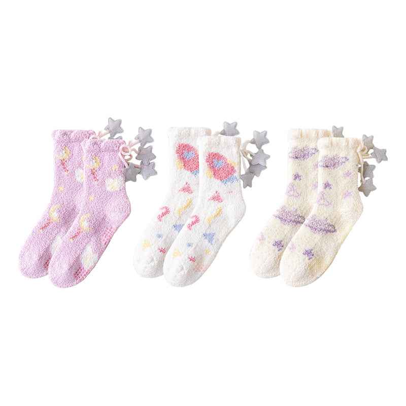 Sweetnana 3-Pack Cozy Crew Socks for Women – Super Soft Fuzzy Socks, Thickened and Non-Slip, Cute Universe Space Series for Winter Stockings and Lounge Wear