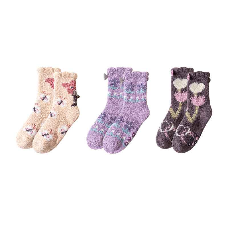 Sweetnana 3-Pack Cozy Crew Socks for Women - Playful Flowers Series Super Soft Fuzzy Winter Stockings - Non-Slip Thickened Slipper Socks