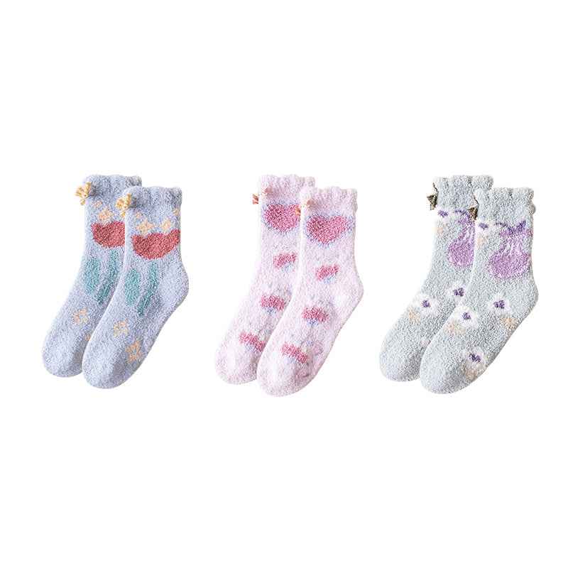 Sweetnana 3-Pack Cozy Crew Socks for Women - Playful Flowers Series Super Soft Fuzzy Winter Stockings - Non-Slip Thickened Slipper Socks