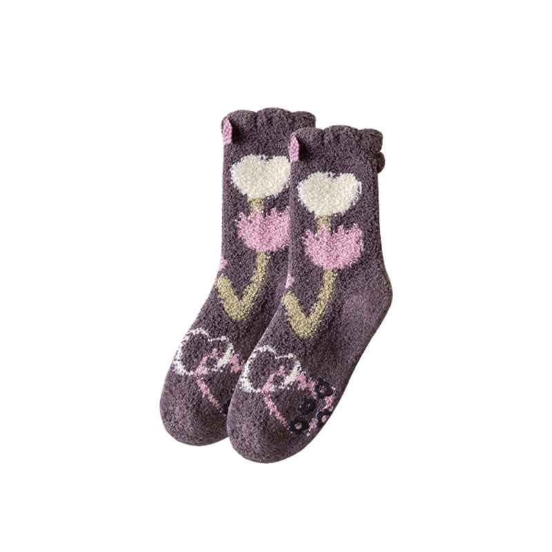 Cozy Crew Socks for Women by Sweetnana - Playful Flowers Series Super Soft Non-Slip Fuzzy Winter Stockings - Thickened Lounge Wear Socks