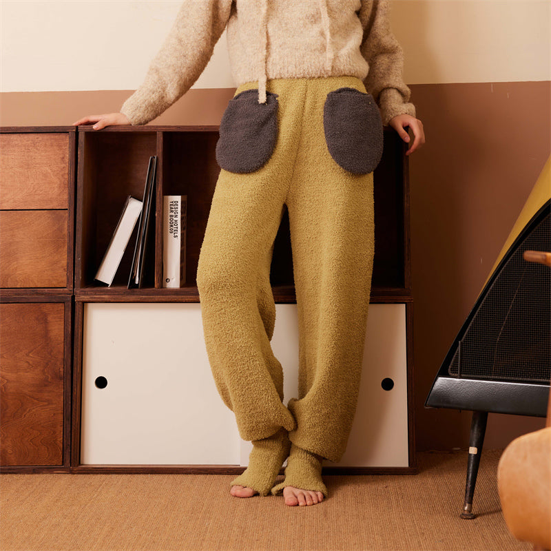 Sweetnana 2024 F/W 단색 일본 스타일 홈 팬츠, 코랄 플리스 원단, 두껍고 따뜻하며, 발목 밴딩 팬츠, 편안한 착용감과 참신한 디자인, 외출복으로도 착용 가능.