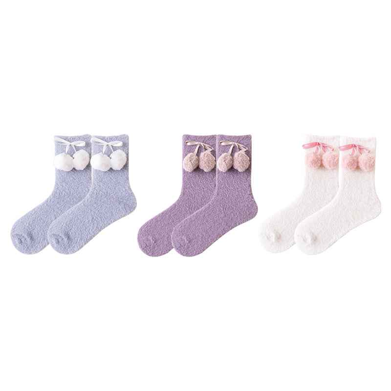 3-Pack Women Crew Socks Pom Pom Series Cozy Thick Soft Fuzzy Cute Socks
