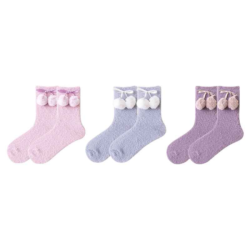 3-Pack Women Crew Socks Pom Pom Series Cozy Thick Soft Fuzzy Cute Socks