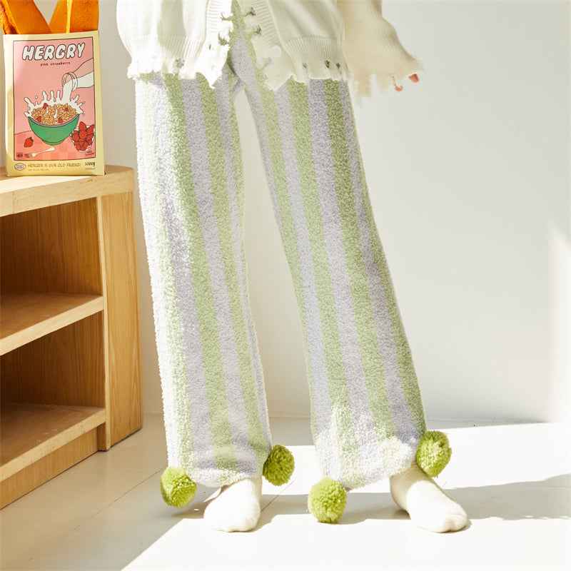 Sweetnana 2024 FW wide stripe series home pants, coral fleece fabric, thickened and warm, Nordic style nine-point pants, cute home pants, also can be worn outside.