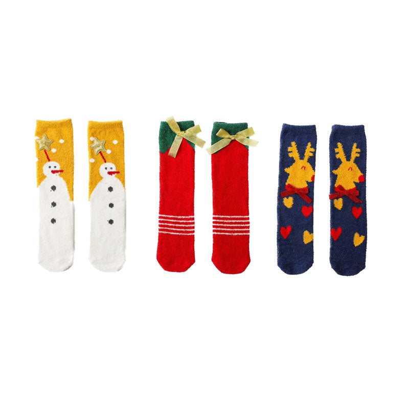 Sweetnana 3パック クリスマス チューブ クルー ソックス クリスマス ギフト ボックス入り、ホリデー ストッキング ソックス 女性用、厚手の暖かいふわふわソックス 柔らかい冬のスリッパソックス。